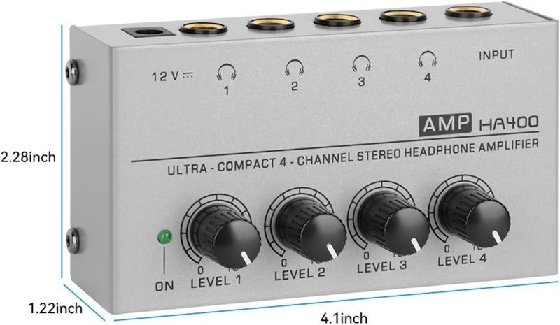 HSCLPM Headphone Amplifier with Audio Cable, HA400 4-Channel Metal Stereo Audio Amplifier, Mini Earphone Splitter W/ 1/4" TRS & DC 12V Power Adapter, for Sound Mixer PC Guitar Studio Stage (Gray) - Image 2